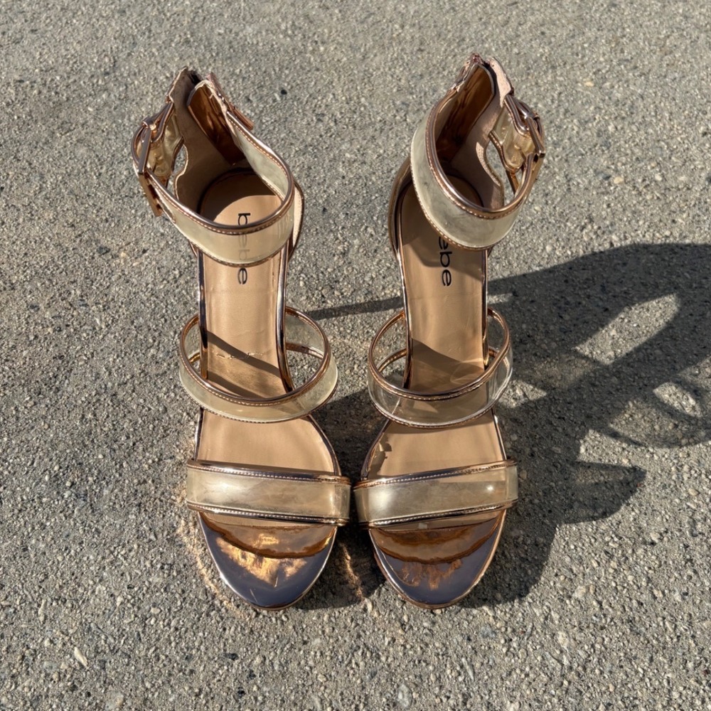 Bebe Rose Gold Metallic Clear Strap Stiletto Sandals Ankle Wrap Heels Size 9